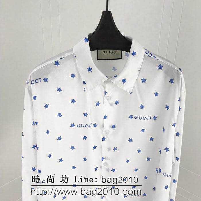 GUCCI古馳 官網同步 19ss早春新款 滿印星星長袖襯衫 定制綢緞面料 ydi2574
